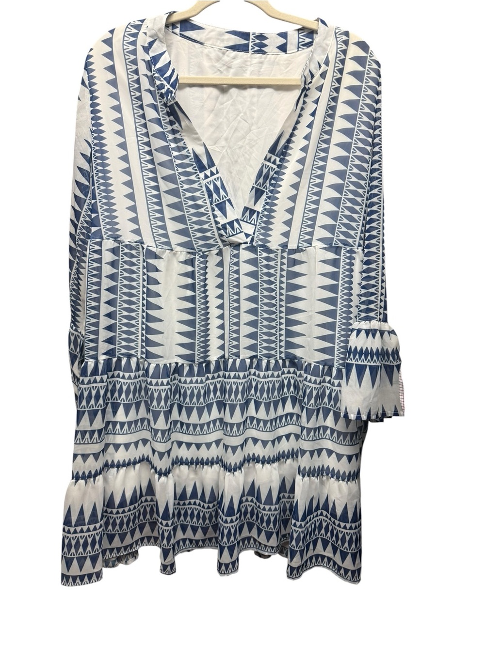 Blue White Geo Boho Tiered Shift Dress Beach Cover Up XL Positano Greek Vacation
